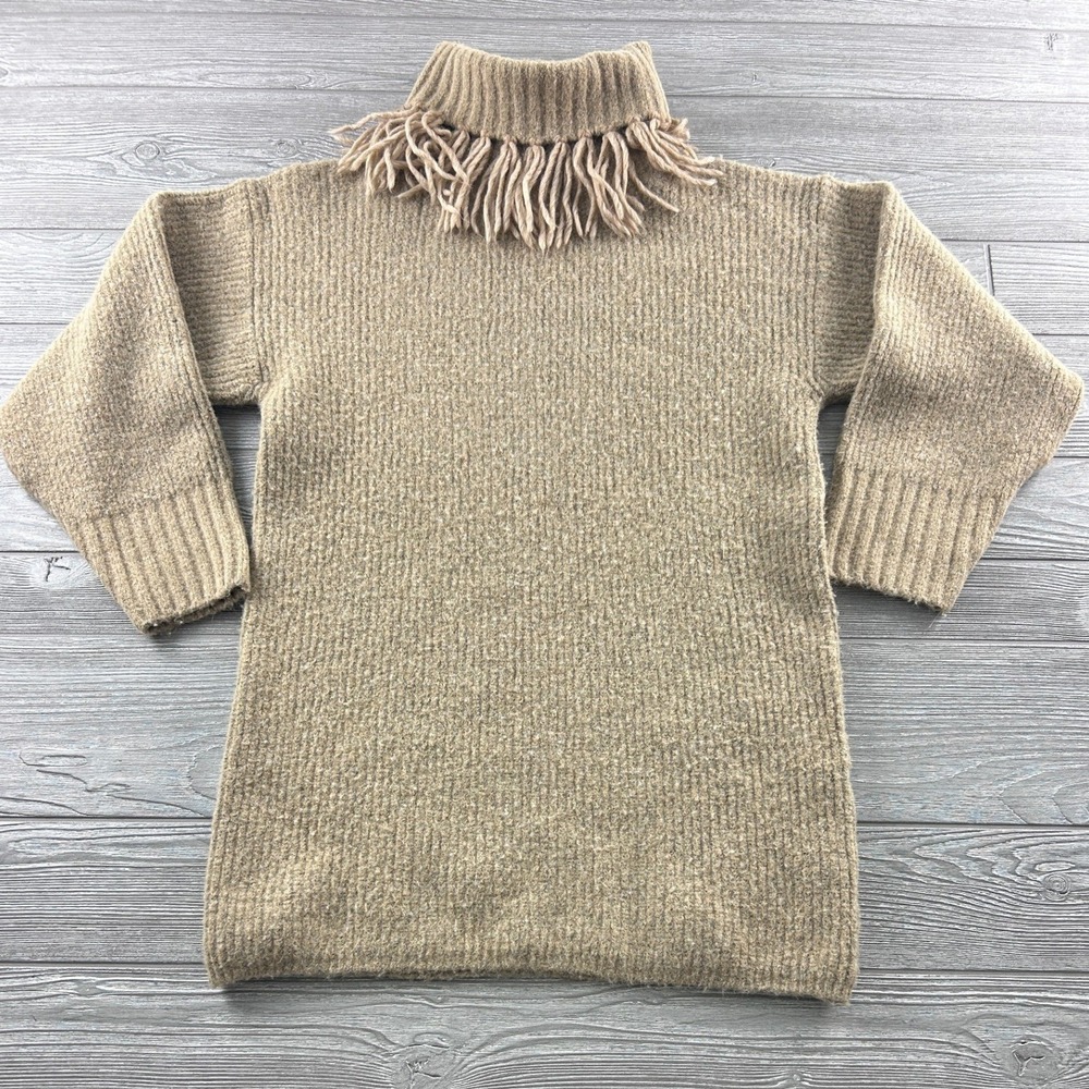 Something Navy Fringe Turtleneck Sweater Tan Wool Blend Made in Italy Size M